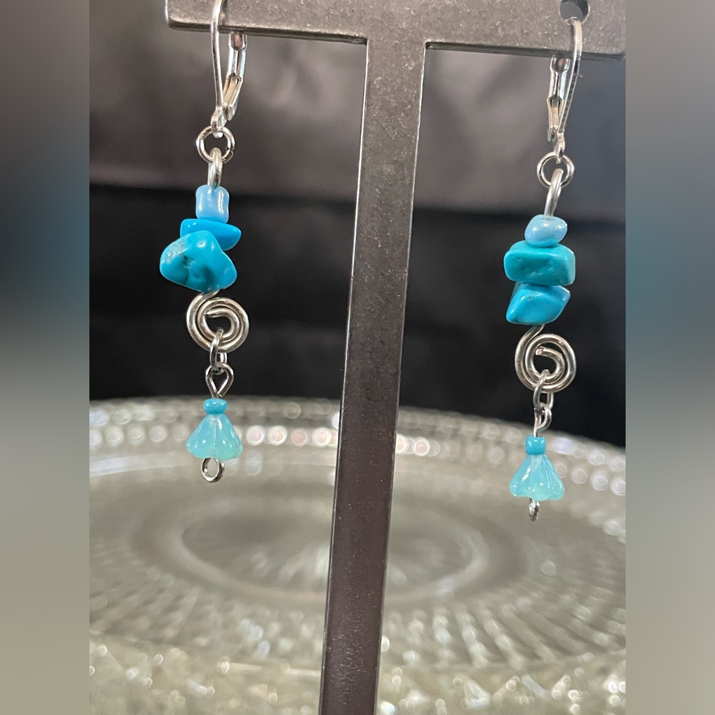 Turquoise Blue Chip Drop Earrings - Handmade Women Jewelry